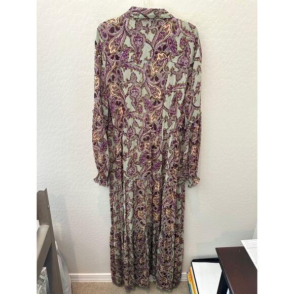 MISS JUNE | Paisley Maxi Dress Button Front Boho Long Sleeve Tiered Maxi | Large - Picture 6 of 7